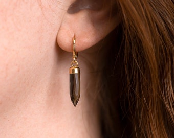 Minimalist Smoky Quartz Huggies, Everyday Stacking Hoop Earrings Gold, Unique Crystal Spike Drop Hoops, Trendy Gift Ideas BFF Sister Niece