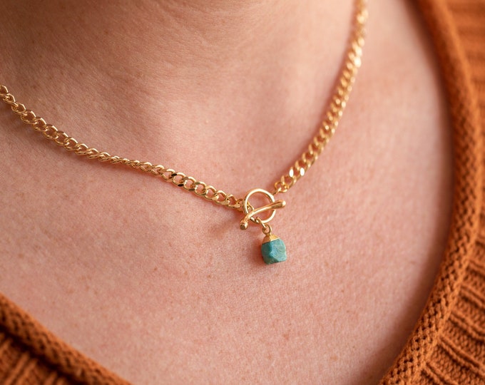 Toggle Layering Necklace, Real Turquoise Raw Crystal Curb Chain Choker, Thick Gold Statement Necklace, Cuban Link T Bar Necklace, Gem Charm
