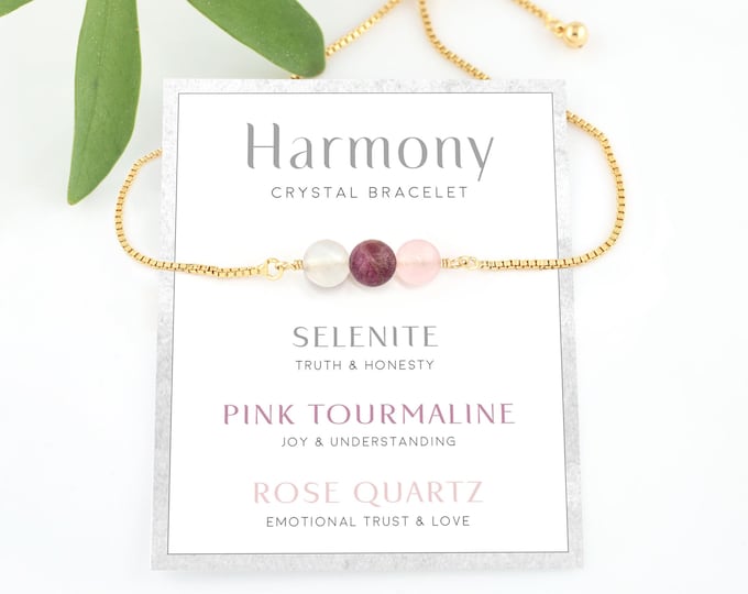 Dainty Crystal Bracelet, Selenite Tourmaline Rose Quartz Adjustable Bracelet, Harmony Happiness Love  Crystal Jewelry Gift for Sister