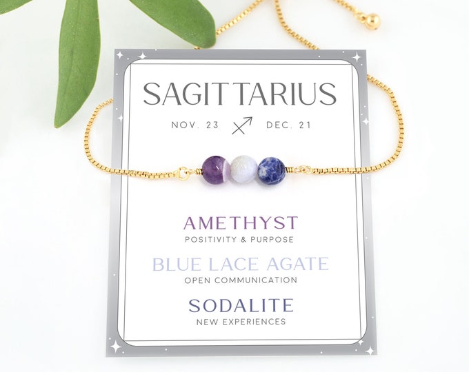 Sagittarius Crystal Bracelet, Amethyst Blue Agate Sodalite Beaded Bracelet, Horoscope Zodiac Crystal Set Jewelry Gift, December Birthday