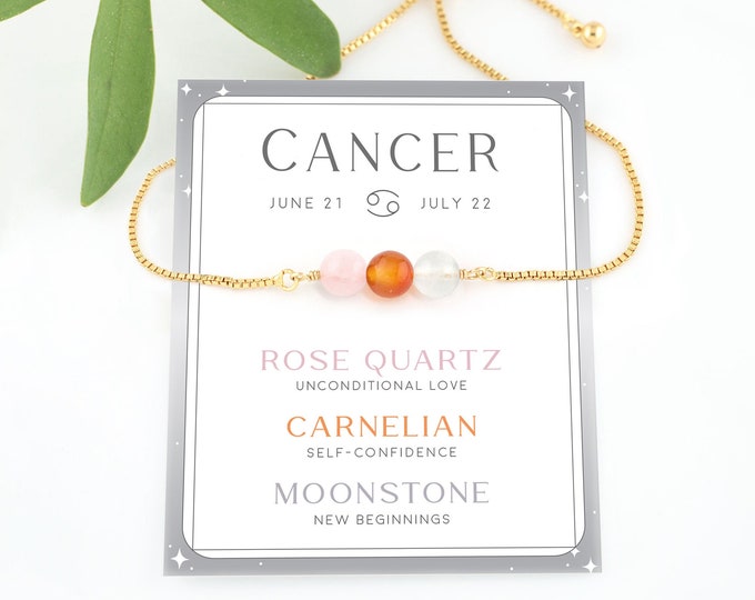 Cancer Zodiac Bracelet, Rose Quartz Carnelian Moonstone Crystal Set, Astrology Horoscope Jewelry Birthday Gift, Adjustable Stacking Bracelet