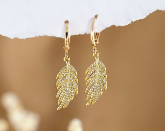Feather Charm Hoops, CZ Pave Huggie Hoop Earrings, Boho Summer Festival Jewelry, Tiny Stacking Hoops, Birds of a Feather 50th Birthday Gift