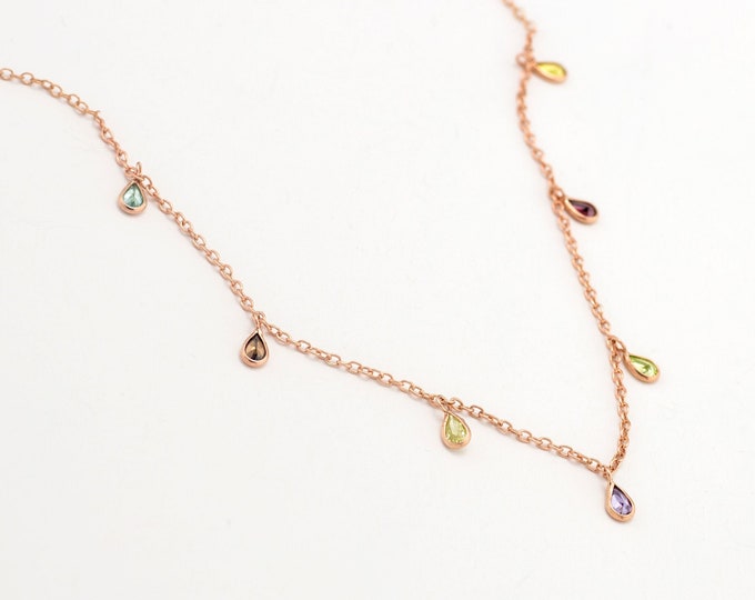 Dangling Crystal Drop Choker, Rose Gold Shaker Necklace, Multicolor Cubic Zirconia, Tiny CZ Diamond Necklace, Dainty Minimalist Jewelry