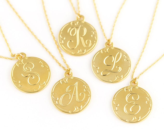 Personalized A Initial Necklace, Gold Bridesmaid Gift, Vintage Inspired Monogram Coin Pendant, Large Disc Name Necklace, Engraved Letter