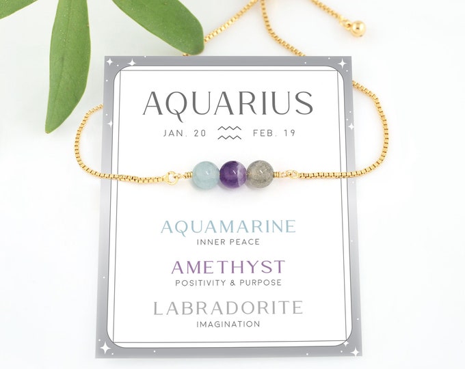 Aquarius Crystal Bracelet, Zodiac Birthstone Beaded Adjustable Stacking Bracelet,  Crystal Set February Birthday Gift Under 30, BFF