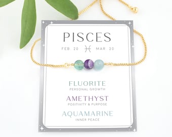 Dainty Pisces Birthstone Bracelet, Custom Zodiac Crystal Set Gift, Celestial Friendship Bracelet, Aquamarine Amethyst Fluorite Bead Bracelet