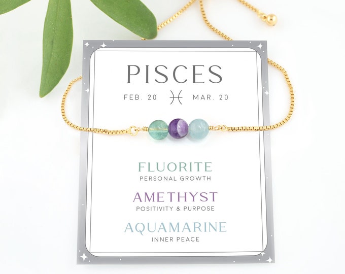 Dainty Pisces Birthstone Bracelet, Custom Zodiac Crystal Set Gift, Celestial Friendship Bracelet, Aquamarine Amethyst Fluorite Bead Bracelet