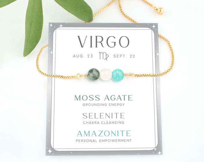 Virgo Crystal Set Bracelet, Amazonite Selenite Moss Agate Natural Gemstone Adjustable Stacking Bracelet, Astrology Jewelry Zodiac Teen Gift