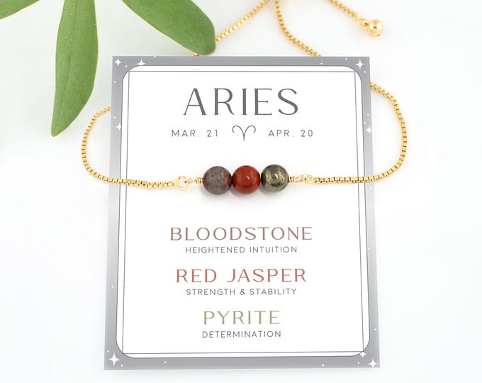 Aries Zodiac Birthstone Bracelet, Horoscope Crystal Set Jewelry, April Birthday Gift, Beaded Gemstone Adjustable Pull Tie Bracelet, BFF Gift