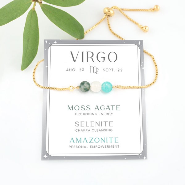Virgo Crystal Set Bracelet, Amazonite Selenite Moss Agate Natural Gemstone Adjustable Stacking Bracelet, Astrology Jewelry Zodiac Teen Gift