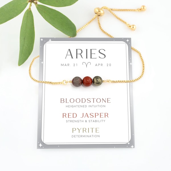 Aries Zodiac Birthstone Bracelet, Horoscope Crystal Set Jewelry, April Birthday Gift, Beaded Gemstone Adjustable Pull Tie Bracelet, BFF Gift