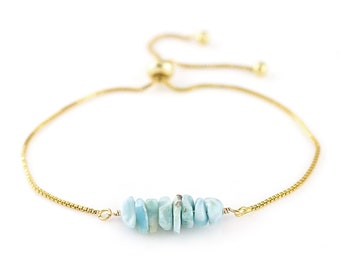 Beaded Larimar Bar Bracelet, Summer Stacking Bracelet Beachy Jewelry, Everyday Adjustable Box Chain, Natural Aqua Blue Wire Wrapped Stones