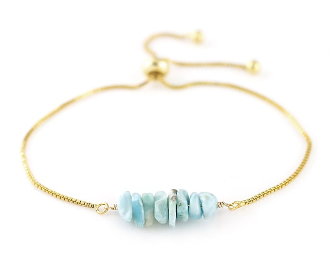 Beaded Larimar Bar Bracelet, Summer Stacking Bracelet Beachy Jewelry, Everyday Adjustable Box Chain, Natural Aqua Blue Wire Wrapped Stones