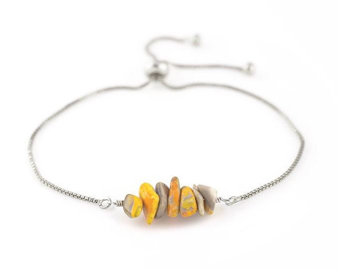 Adjustable  Gemstone Bracelet, Yellow Bumblebee Jasper Stacking Bracelet, Raw Cut Chip Beaded Bar, Wire Wrapped Handmade Jewelry Gift