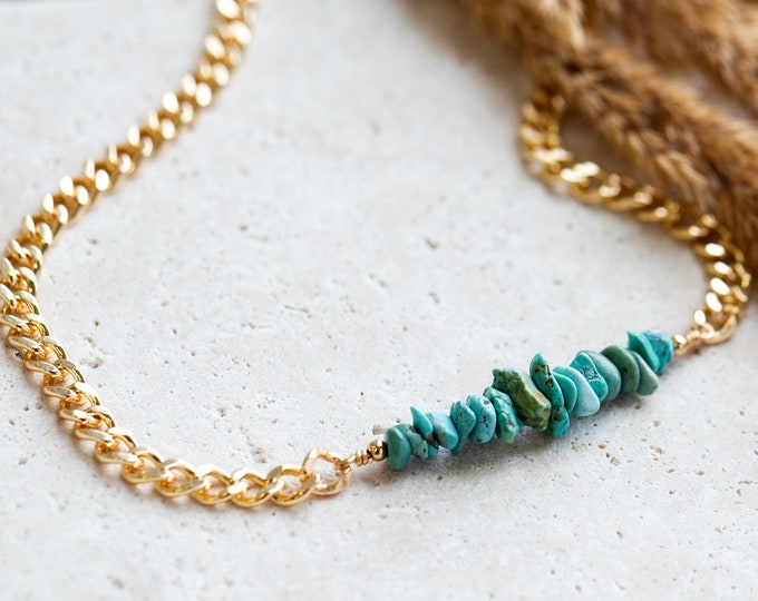 Raw Turquoise Bar Necklace, Layering Gold Chain Toggle Clasp Choker, Genuine Raw Cut Beaded Gemstone Choker, Trendy Jewelry Birthday Gifts