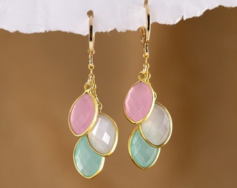 Gold Dangle Birthstone Huggie Hoop Earrings with Multiple Kids Birthstones for Wife and Mother from Husband and Children for Birthday Gift