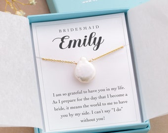 Personalized Bridesmaid Gift Necklace, Dainty Freshwater Pearl Pendant Gold Filled / Sterling Silver Chain, Bridesmaid Thank You Gift in Box