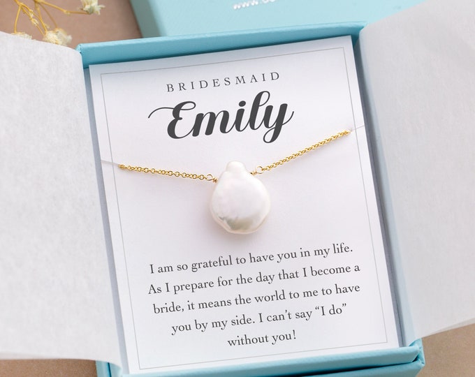 Personalized Bridesmaid Gift Necklace, Dainty Freshwater Pearl Pendant Gold Filled / Sterling Silver Chain, Bridesmaid Thank You Gift in Box