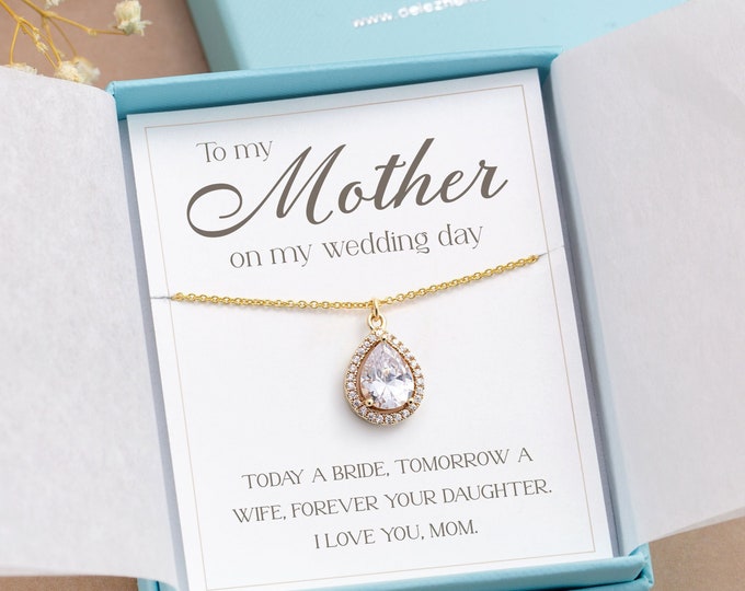 Gift for Mom on Wedding Day, CZ Pendant Necklace, Mother of the Bride Gift from Daughter, Today a Bride Tomorrow a Wife, Thank You Mom Gift