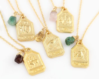 Unique Rectangle Gold Zodiac Charm and Real Crystal Birthstone Pendant Necklace, Zodiac Necklace Birthday Gift for Sister or Best Friend