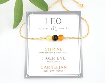 Crystal Set for Leo Bracelet, Adjustable 3 Stone Zodiac Bracelet Gift, Star Sign Horoscope Jewelry, Genuine Carnelian Bead Stacking Bracelet