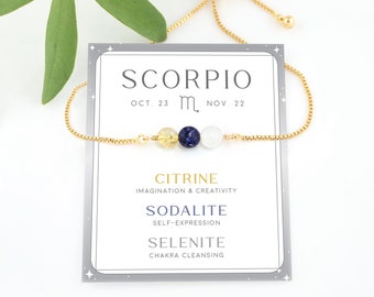 Scorpio Bracelet Gift, Custom Zodiac Crystal Set Bolo Bracelet, Citrine November Astrology Gift Under 30, Star Sign Gift for Sister / Teen