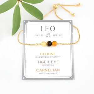Crystal Set for Leo Bracelet, Adjustable 3 Stone Zodiac Bracelet Gift, Star Sign Horoscope Jewelry, Genuine Carnelian Bead Stacking Bracelet