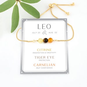 Crystal Set for Leo Bracelet, Adjustable 3 Stone Zodiac Bracelet Gift, Star Sign Horoscope Jewelry, Genuine Carnelian Bead Stacking Bracelet image 1