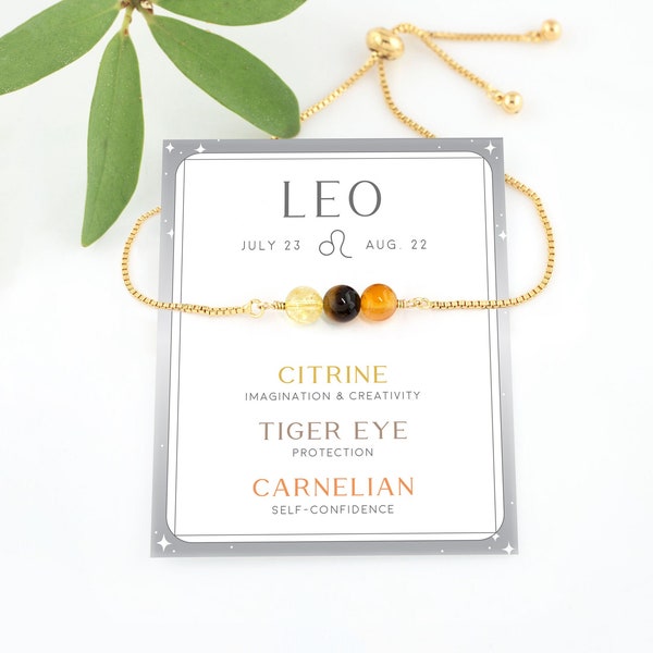 Crystal Set for Leo Bracelet, Adjustable 3 Stone Zodiac Bracelet Gift, Star Sign Horoscope Jewelry, Genuine Carnelian Bead Stacking Bracelet