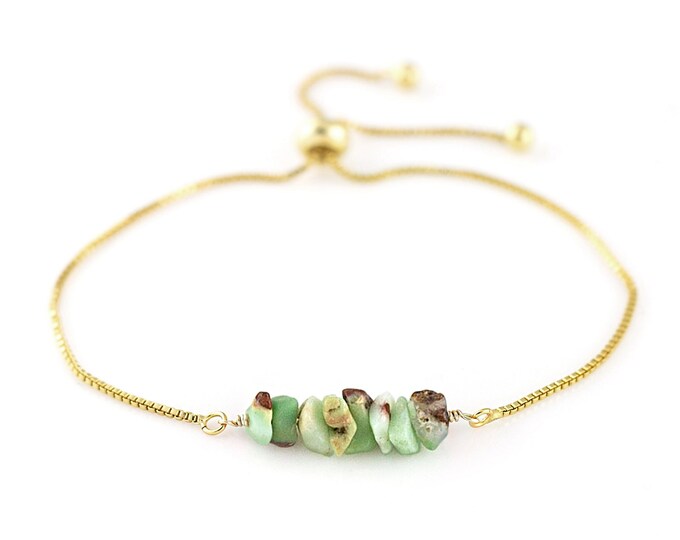 Light Green Chrysoprase Gemstone Bracelet, Gift for BFF Friendship Bracelets, Gold Stacking Adjustable Bracelet Tiny Chip Stone Beads, Boho