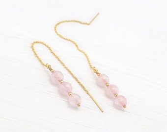 Dainty Rose Quartz Threaders, Bridesmaid Earrings, Gemstone Chain Drop, Gold Filled, Rose, Sterling Silver, Blush Pink Bridal Party Jewelry