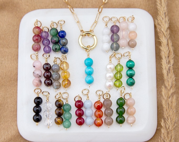 Add on Beaded Gemstone Charms, Natural Genuine Crystal Birthstones, Carabiner Toggle Clasp Charm Necklace Paperclip Curb, Colorful Chain
