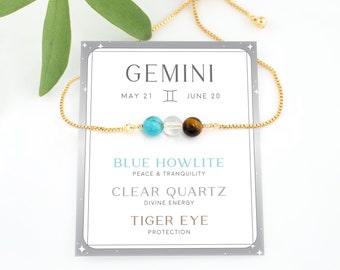 Custom Zodiac Crystal Bracelet, Gemini Birthday Gift, Tiger Eye Howlite Quartz Adjustable Beaded Stacking Bracelet, Astrology Yoga Gifts