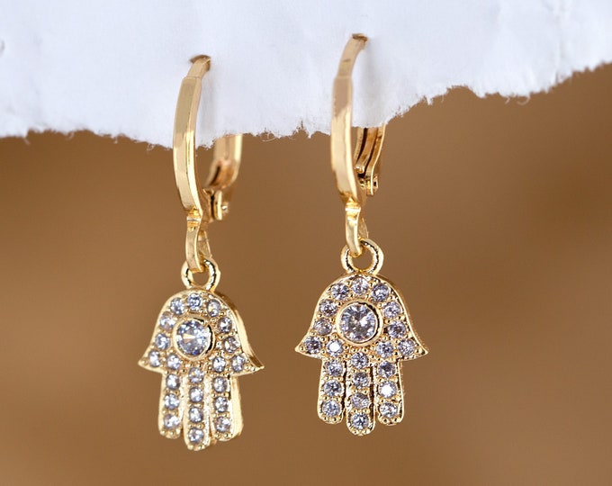 Dainty Hamsa Hand Good Luck Evil Eye Crystal Hoop Earrings Gold, funky earrings, Cubic Zirconia Huggies, daughter jewelry, Summer Gift