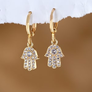 Dainty Hamsa Hand Good Luck Evil Eye Crystal Hoop Earrings Gold, funky earrings, Cubic Zirconia Huggies, daughter jewelry, Summer Gift