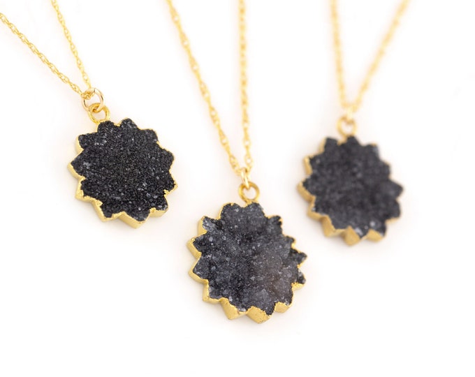 Black Crystal Sun Necklace, Celestial Raw Druzy Geode Zodiac Charm Pendant, Minimalist Layering Choker, Daughter Niece Sister Trendy Gift