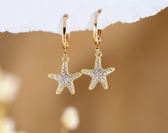 Dainty Starfish Huggie Hoops, CZ Pave Huggies with Charms, Cute Everyday Summer Earrings, Beachy Mermaid Vacation Jewelry, Sweet 16 Gift