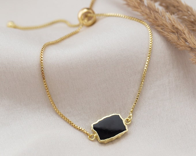 Dainty Black Onyx Bracelet, Genuine Gemstone Slice Gold Adjustable Chain, Everyday Stacking Bolo Bracelet, Minimalist Jewelry Birthday Gift