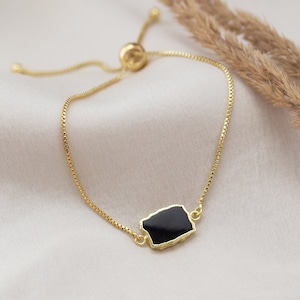 Dainty Black Onyx Bracelet, Genuine Gemstone Slice Gold Adjustable Chain, Everyday Stacking Bolo Bracelet, Minimalist Jewelry Birthday Gift