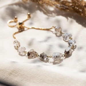 Raw Diamond Bracelet, Herkimer Diamond Beaded Bracelet Adjustable, Raw Crystal Stacking Chain Bolo Bracelet, Minimalist Bridal Jewelry Gift image 1
