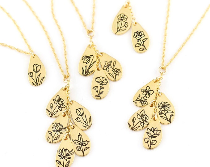 Unique Engraved Birth Month Flower Charms Cascading on a 14k Gold Chain, Cluster of Multi Birth Flower Pendants on a Family Necklace Gift