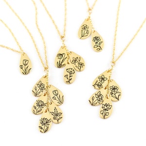 Unique Engraved Birth Month Flower Charms Cascading on a 14k Gold Chain, Cluster of Multi Birth Flower Pendants on a Family Necklace Gift