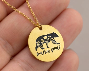 Mama Bear Necklace, Birthday Gift, Unique Engraved Disc Pendant Layering Necklace, Handmade Jewelry Gift for Nana Grandma, Mom Necklace