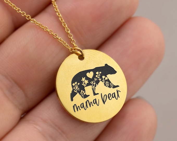 Mama Bear Necklace, Birthday Gift, Unique Engraved Disc Pendant Layering Necklace, Handmade Jewelry Gift for Nana Grandma, Mom Necklace