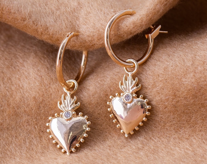 Sacred Heart Charm Huggies, Tiny Huggie Hoops with Puffed Heart Charm, Y2K Trendy Jewelry, Everyday Earrings, Cubic Zirconia Crystal Simple