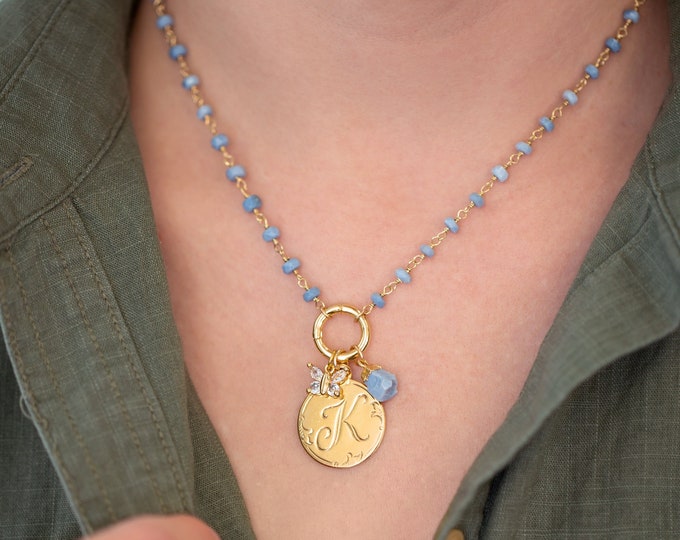 Custom Charm Necklace with Beaded Chain, Carabiner Clasp Blue Opal Beaded Choker, Initial Pendant Birthstone Gift Crystal Charm Toggle Clasp