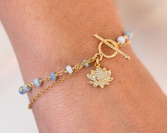 Beaded Blue Opal Charm Bracelet, Pavé Lotus Charm Custom Toggle Clasp Bracelet, October Birthstone Gift, Something Blue Bridesmaid Jewelry