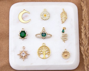 Custom Charms for Necklace or Bracelet, Cubic Zirconia Emerald Crystal Crescent Moon Gold Charms, Dainty Add On Charms, Birthstone Zodiac