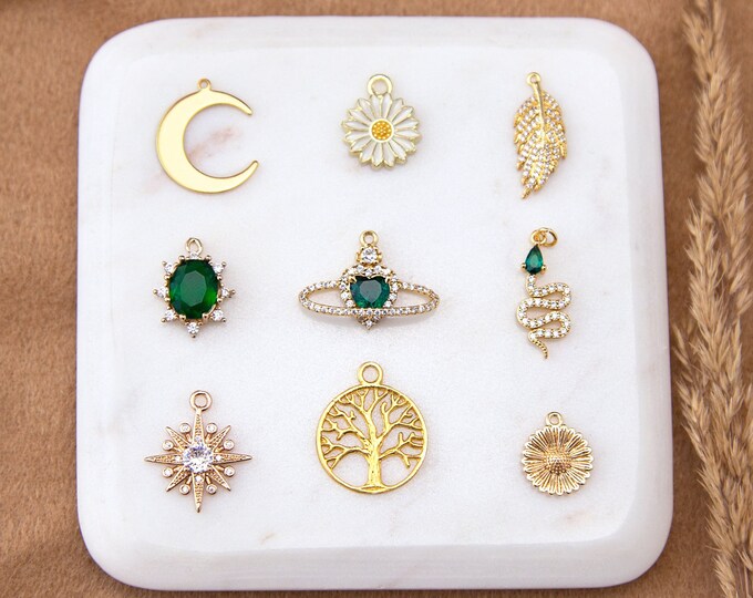 Custom Charms for Necklace or Bracelet, Cubic Zirconia Emerald Crystal Crescent Moon Gold Charms, Dainty Add On Charms, Birthstone Zodiac