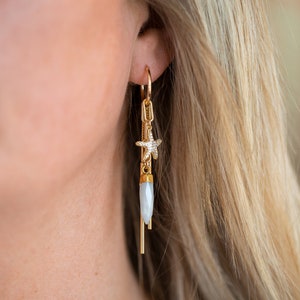 Long Dangle Charm Hoops, Beachy Earrings, StarFish Earrings, Cute Fun Stackable Summer Hoops, Gemstone Hoops, Boho Wedding Jewelry Gift